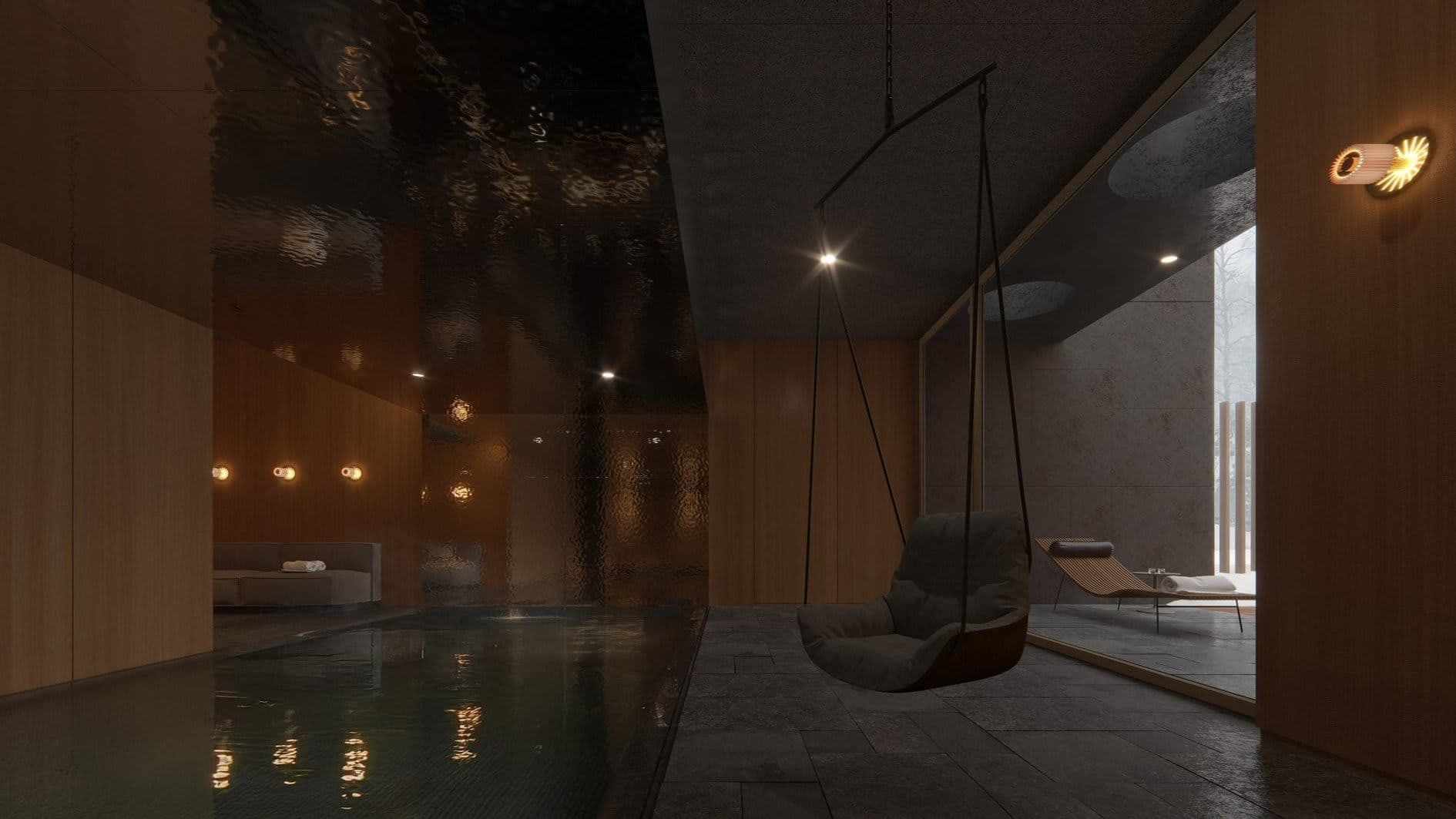 Indoor pool area with hanging swing chair and wood-paneled walls