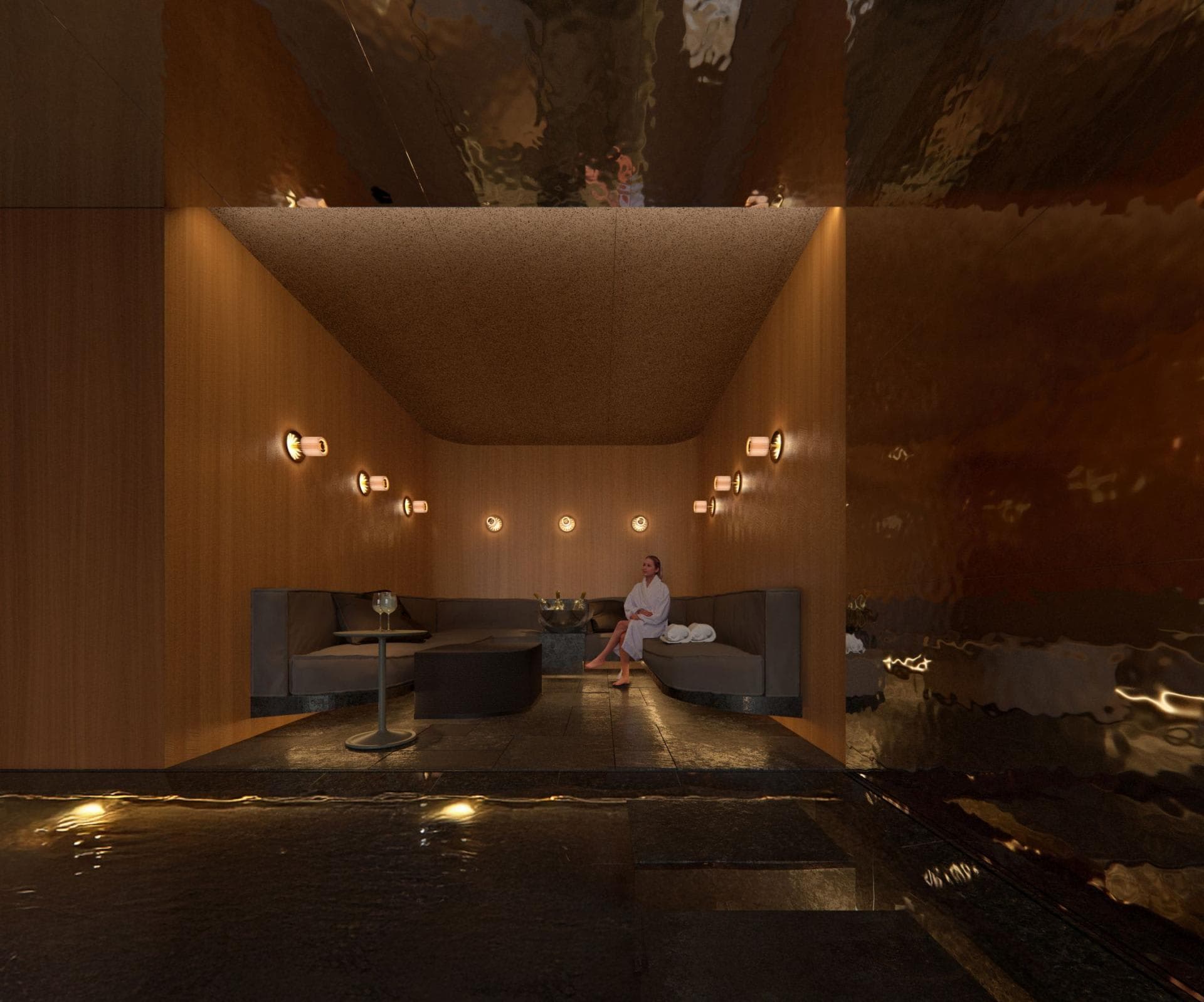 Spa lounge with poolside seating and wood paneling