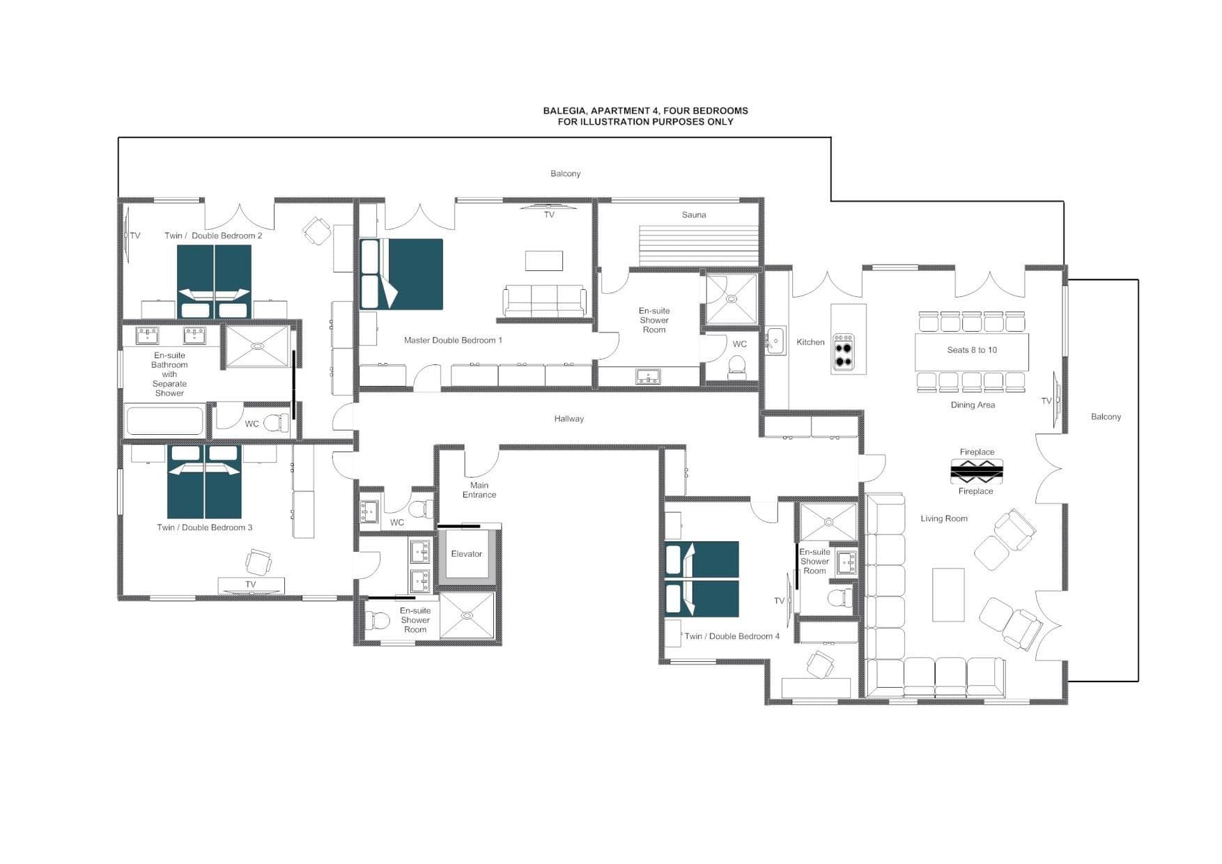 Floor plan: four en-suite bedrooms, private sauna, and open-plan living with fireplace