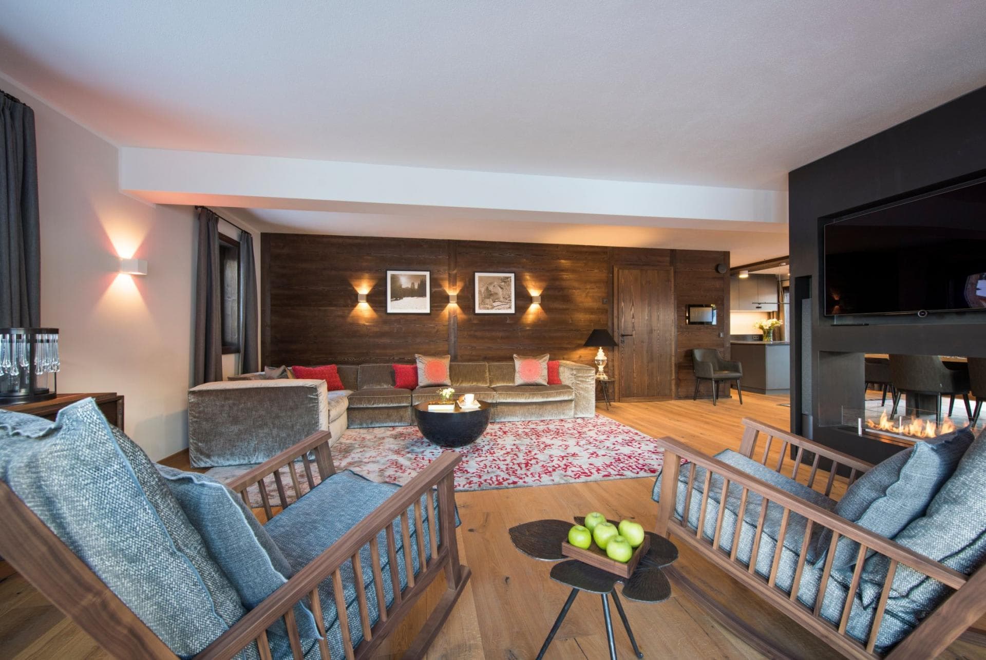 Living area with gas fireplace and seating for 10 guests