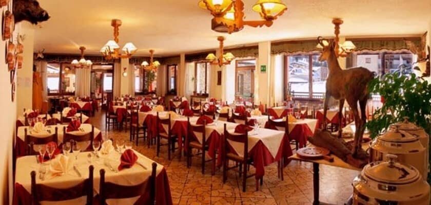 Dining room with seating for 50+ and alpine-style decor