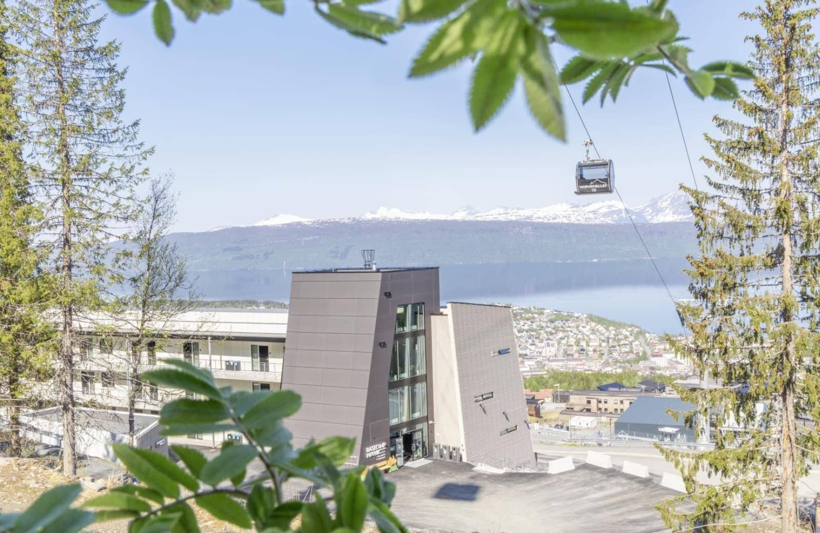 Building exterior with cable car access and views of Ofotfjord