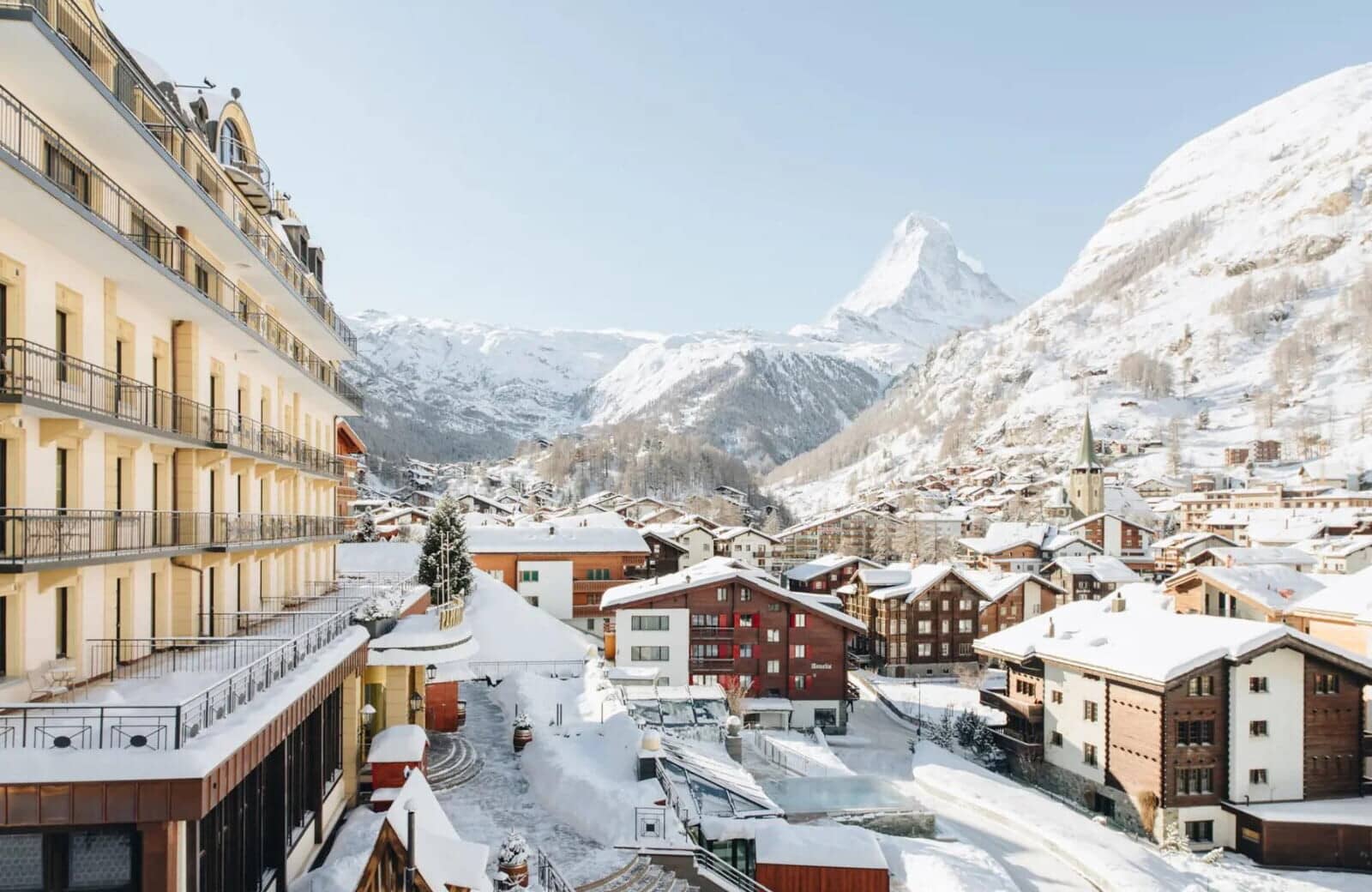 Private balcony view of Zermatt village and the Matterhorn peak