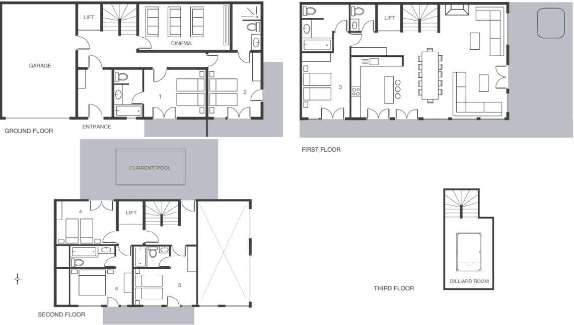Four-story floor plan with garage, cinema, pool, elevator, and billiard room
