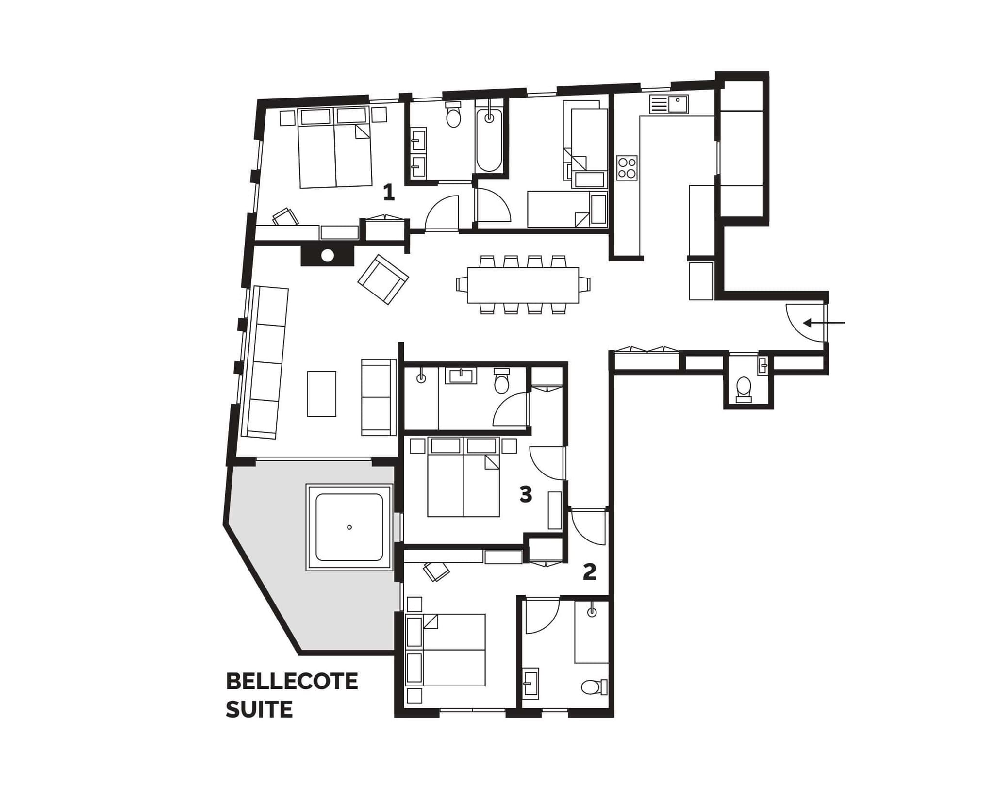 Bellecote Suite floor plan: four bedrooms, open-plan living, and terrace with hot tub