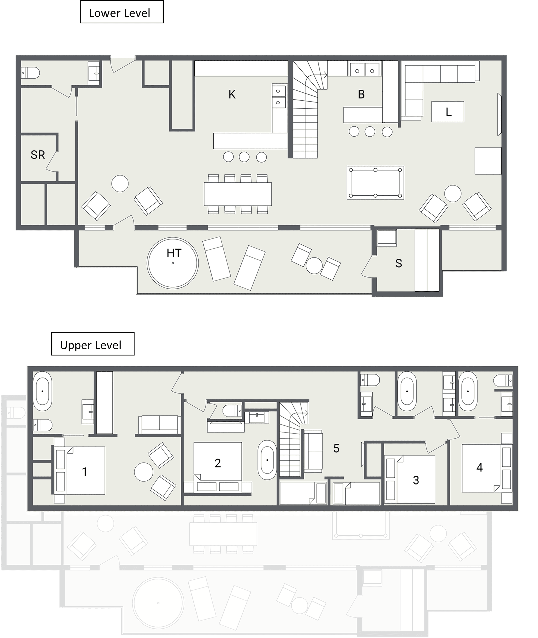 Floor plan: lower level living and upper level with four en suite bedrooms