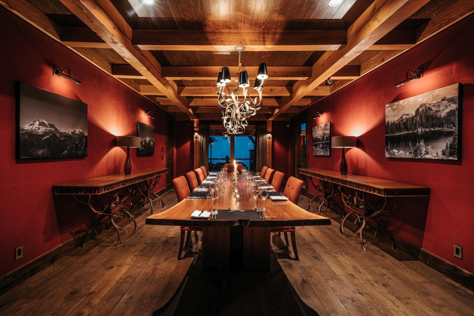 Formal dining room with seating for 12 and live-edge harvest table