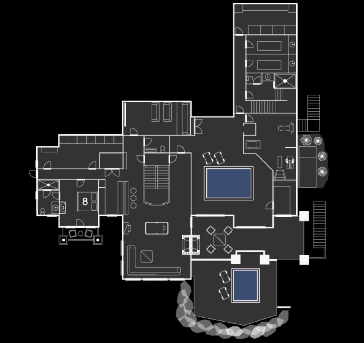Floor plan: open-plan living area, indoor pool, gym, and outdoor terrace