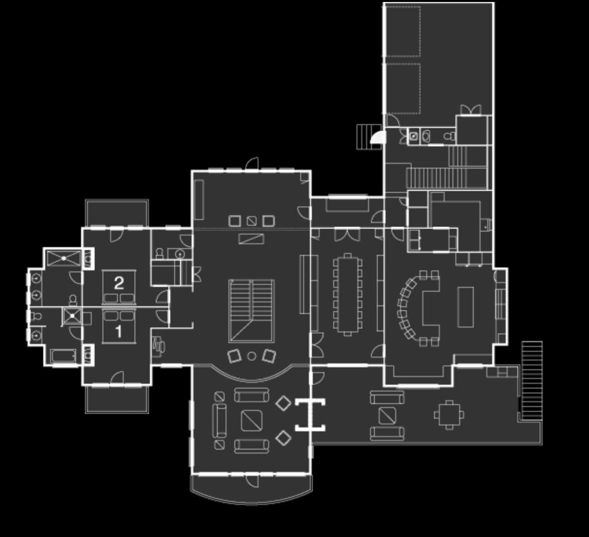 Main floor layout: kitchen, dining room, great room, and dual bedroom suites