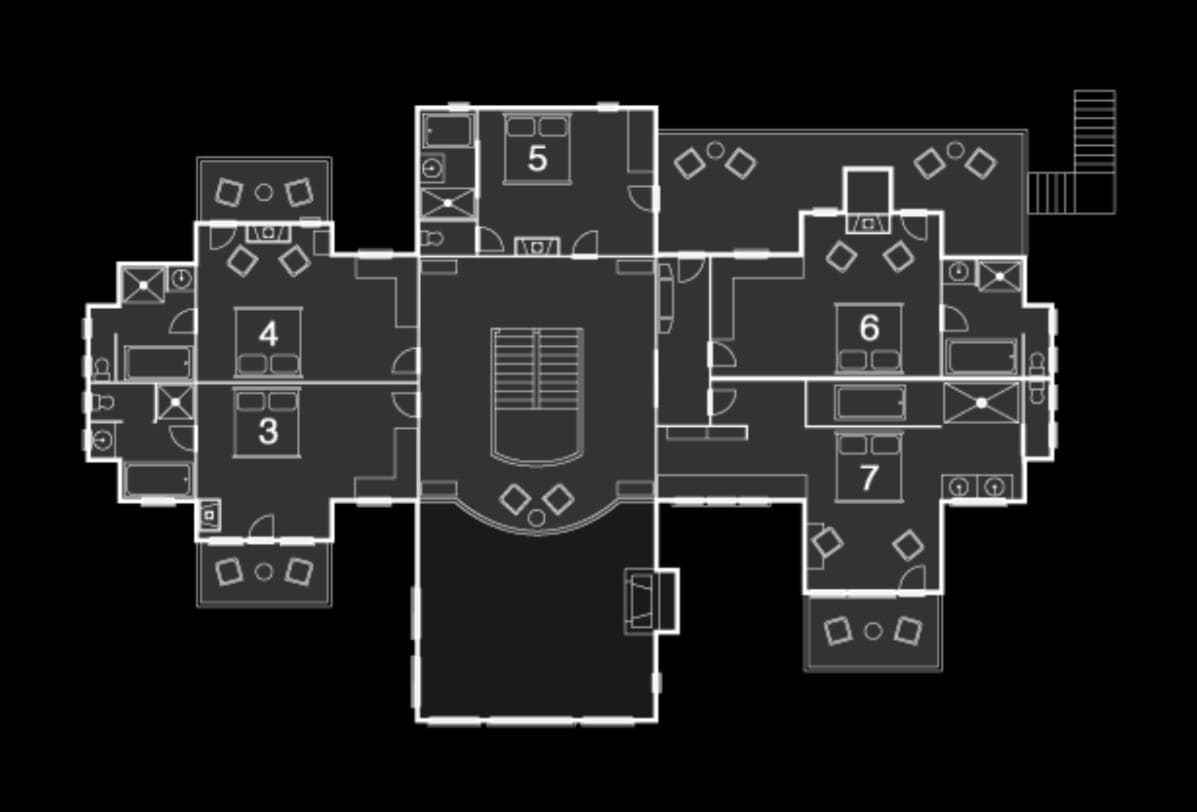 Upper floor plan: five bedrooms with private ensuites and outdoor balconies