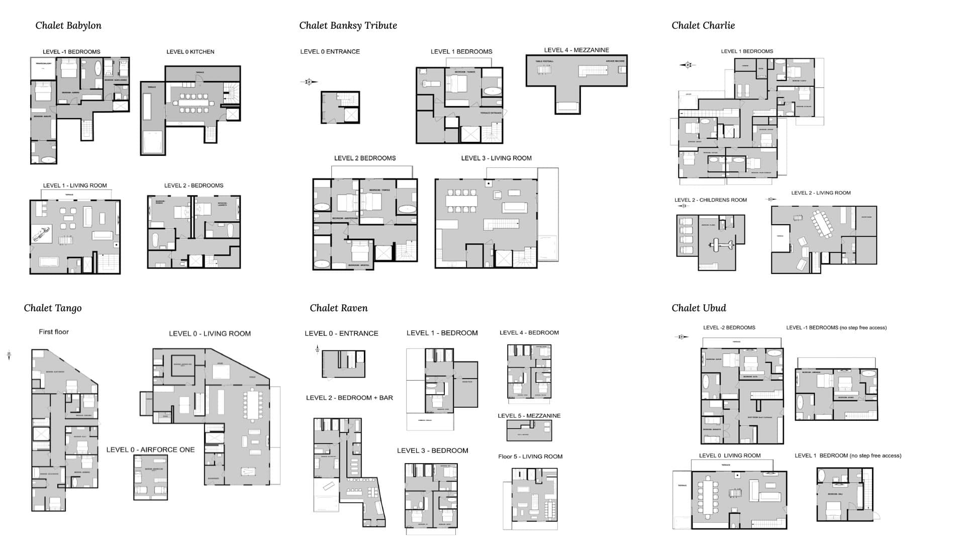 Floor plans for six multi-level chalets showing bedroom, living, and mezzanine layouts