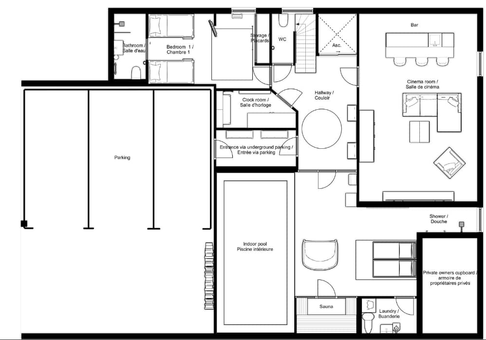 Lower floor plan: indoor pool, sauna, cinema room, and underground parking