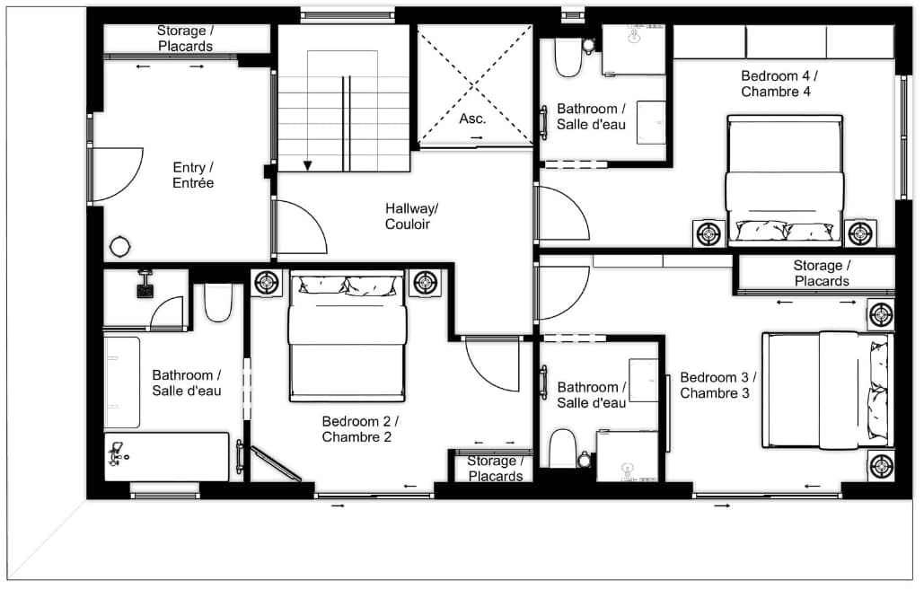 Floor plan: three bedrooms with ensuite bathrooms, entry, hallway, and elevator access