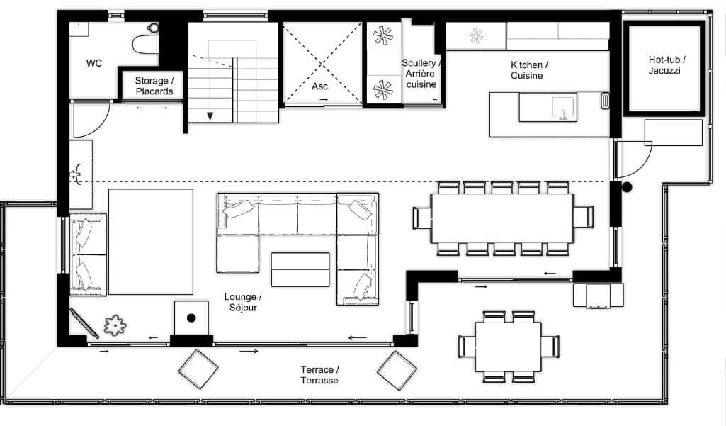Floor plan: open-plan living, scullery, elevator access, and terrace with hot tub