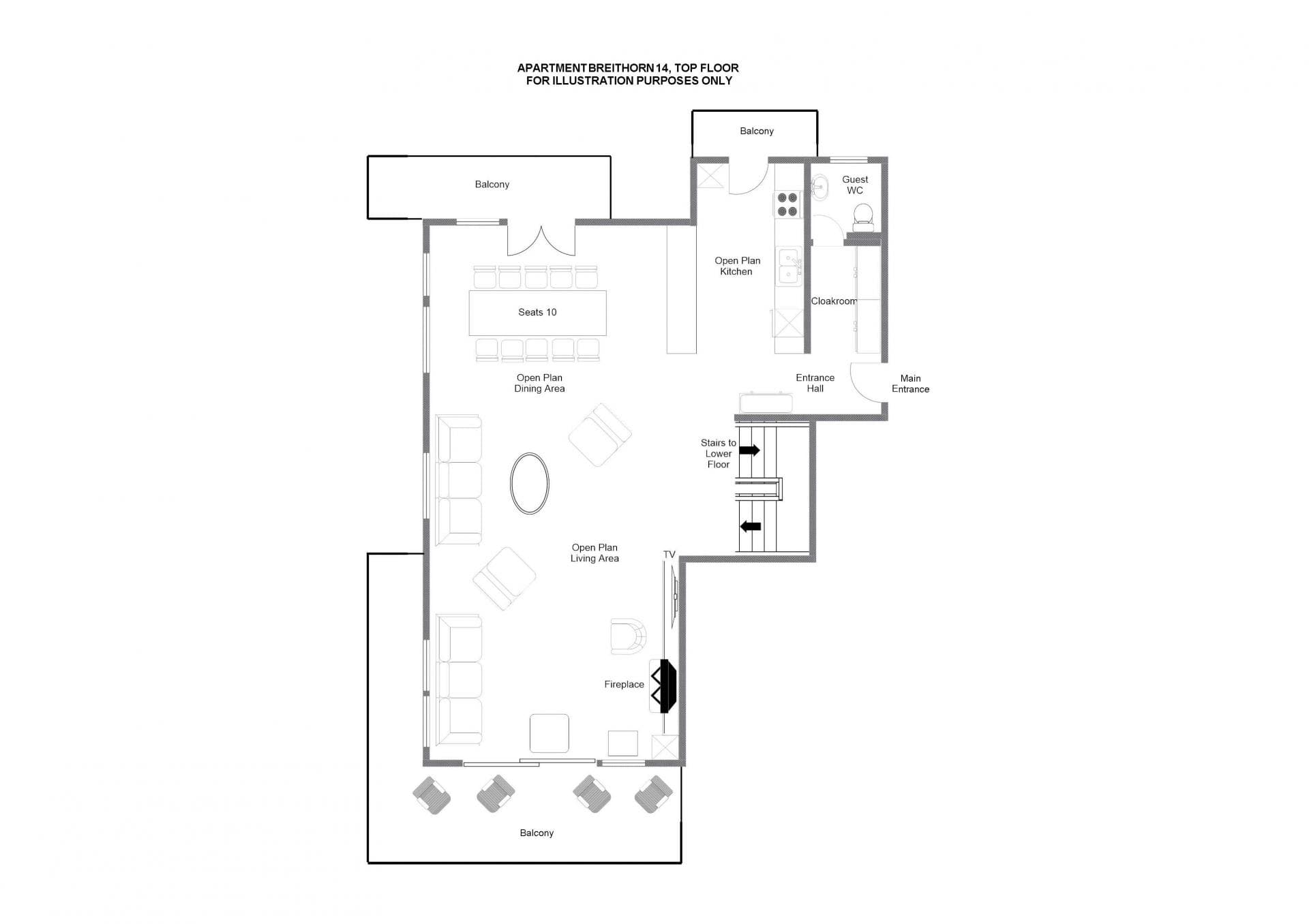 Top floor layout: open kitchen, dining for 10, living area, and three balconies