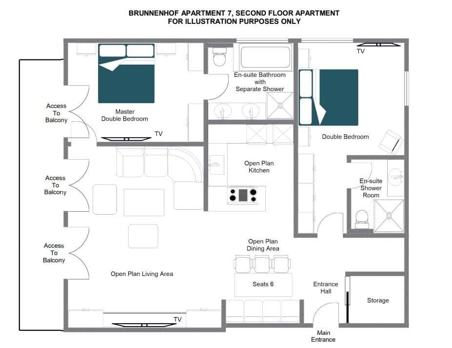 Second floor plan: two en-suite bedrooms, open-plan living, and dining for six