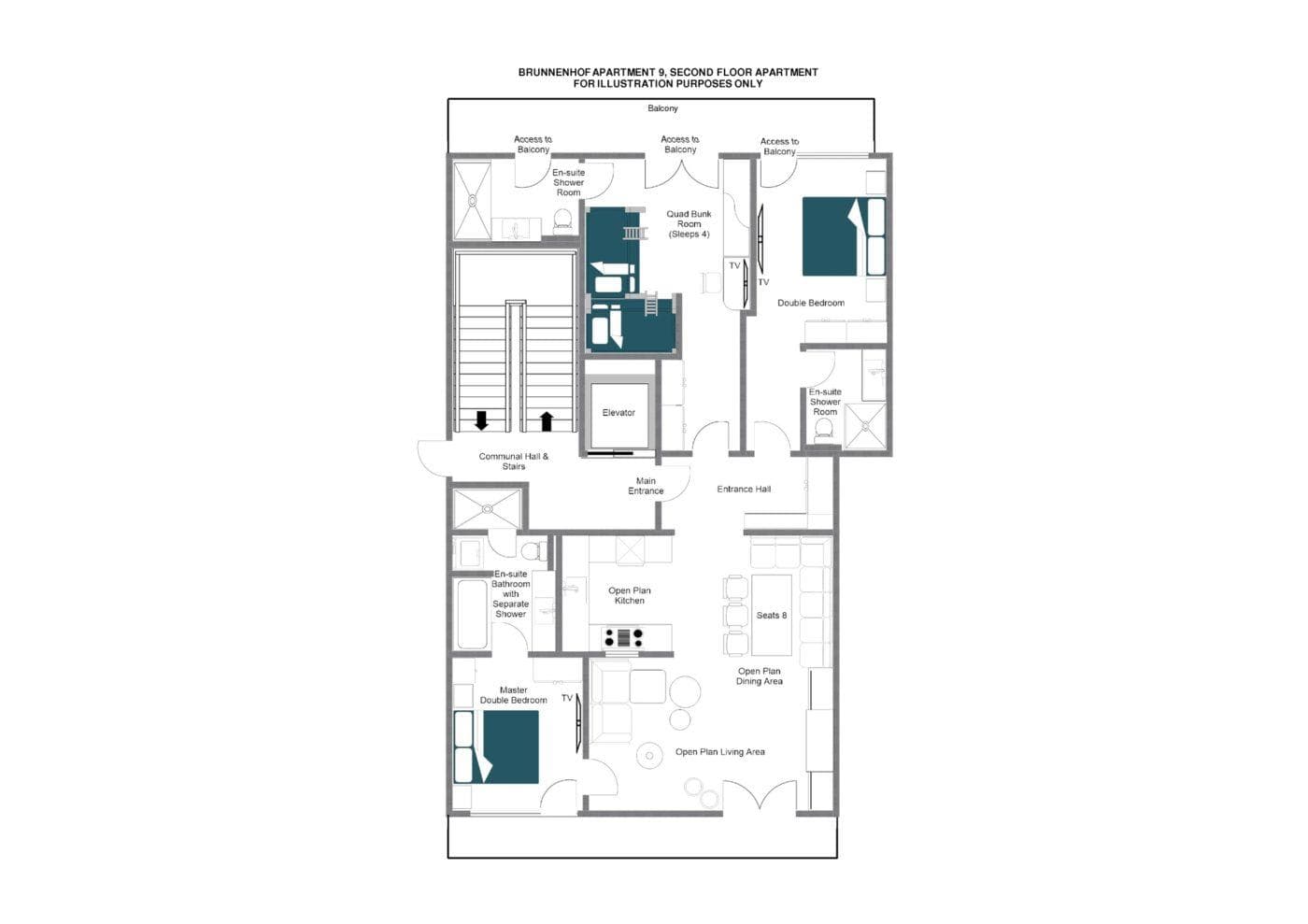 Second floor plan: three en-suite bedrooms and open-plan living with balcony