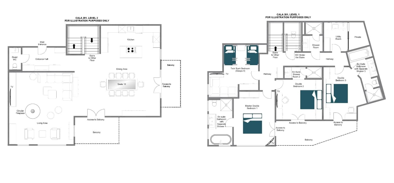 Floor plans for Level 1 and 2: four bedrooms, living area, and balconies