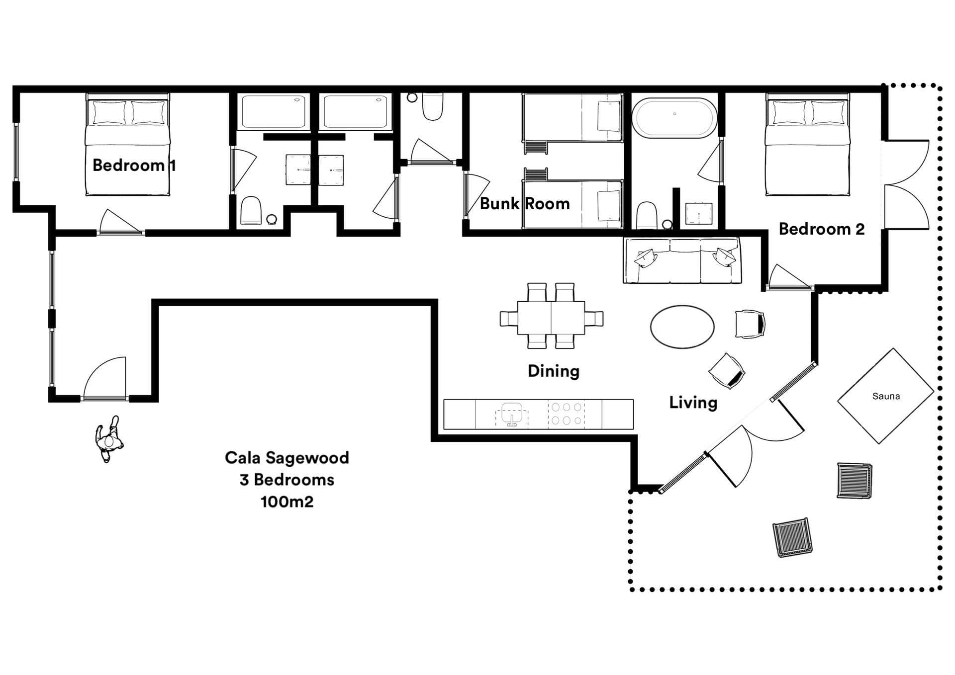 Floor plan: three bedrooms, two bathrooms, open living area, and outdoor sauna