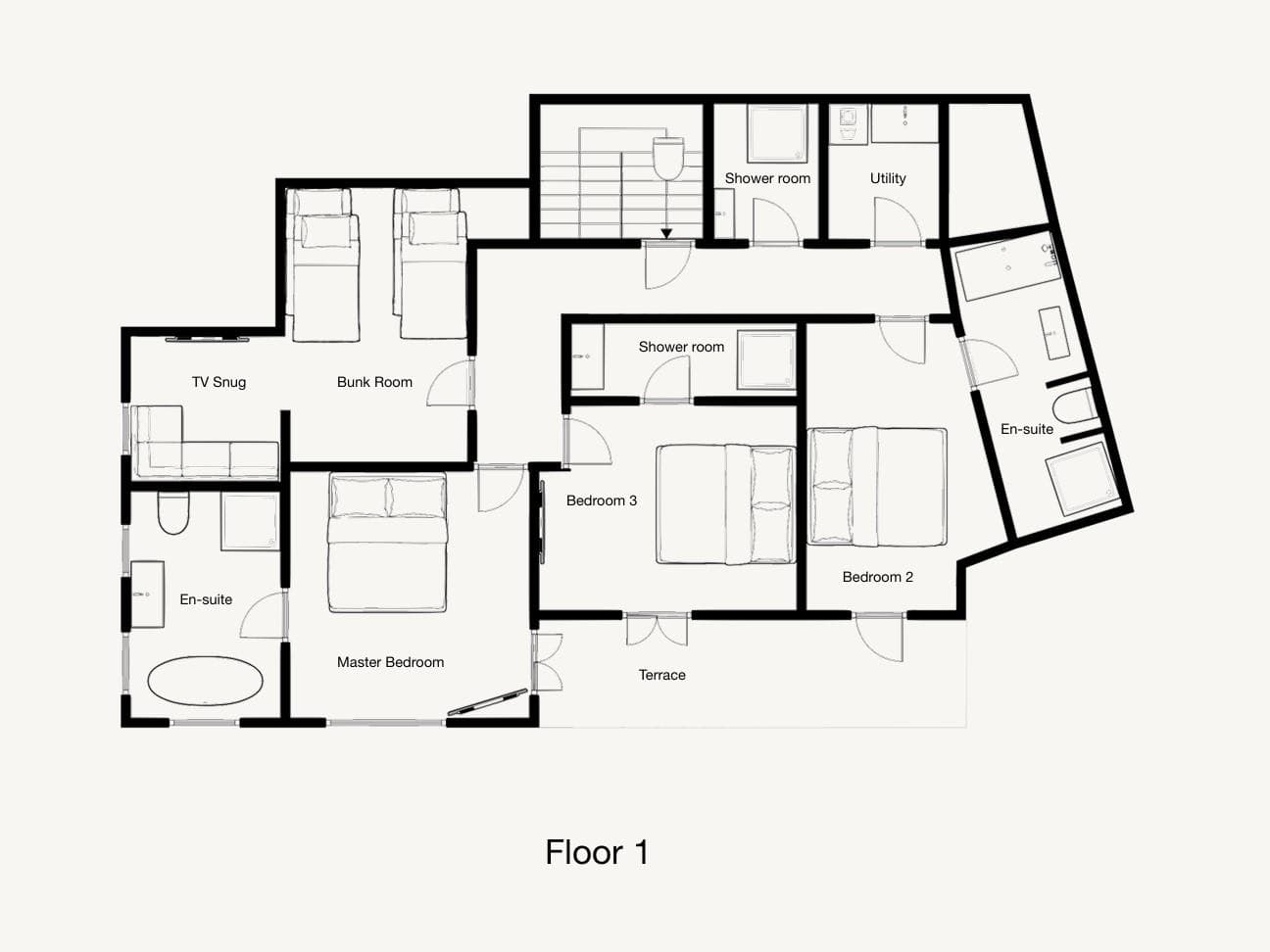 Floor 1 layout: four bedrooms, three bathrooms, TV snug, and utility room