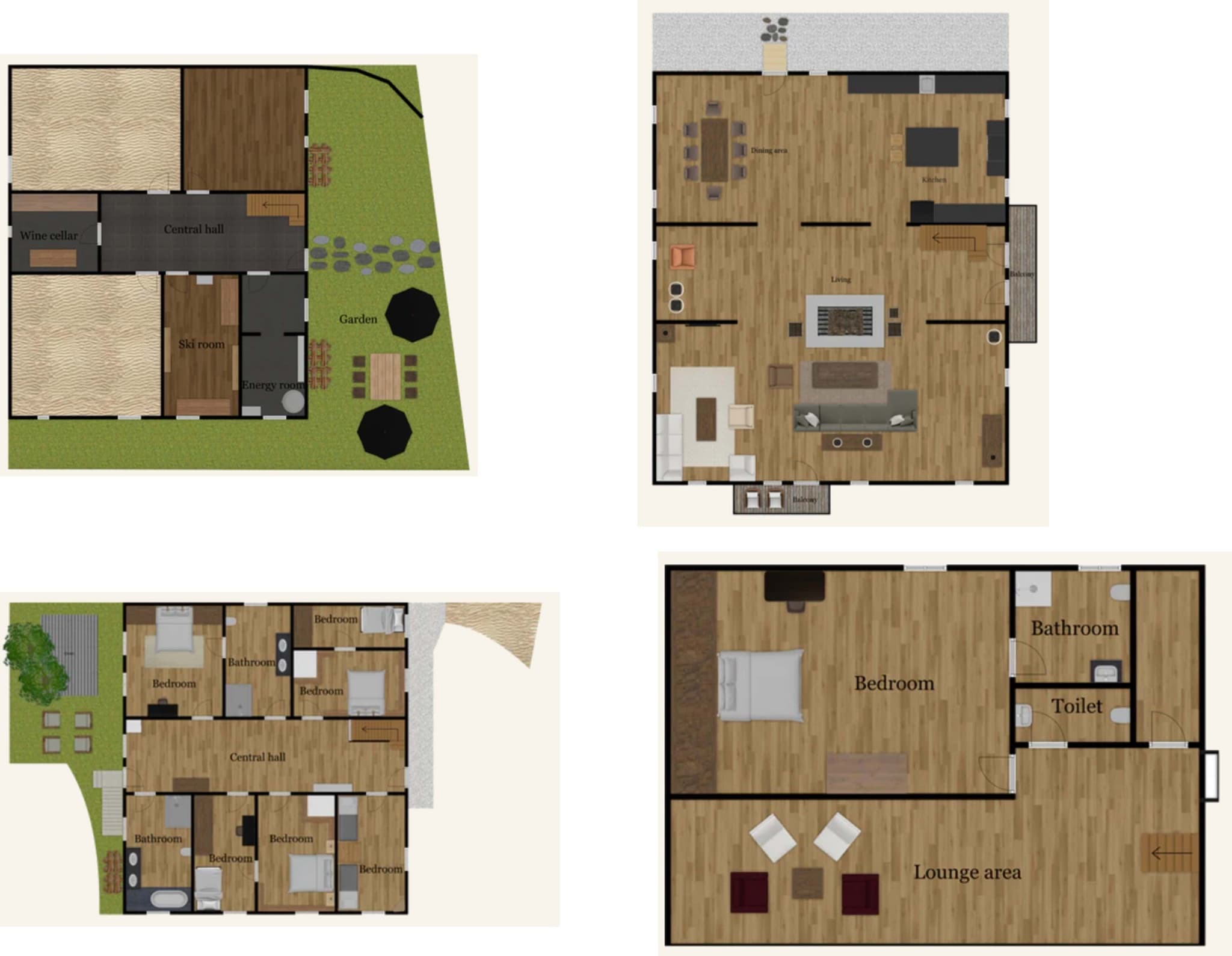Floor plans for four levels including ski room, garden, and open-plan living area
