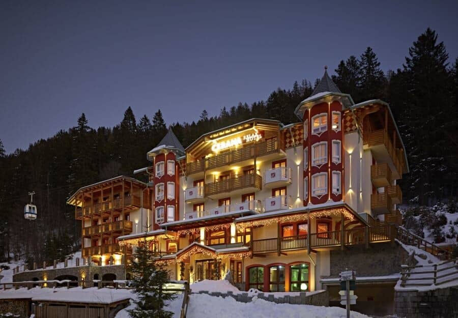 Hotel exterior with private balconies and immediate ski lift access