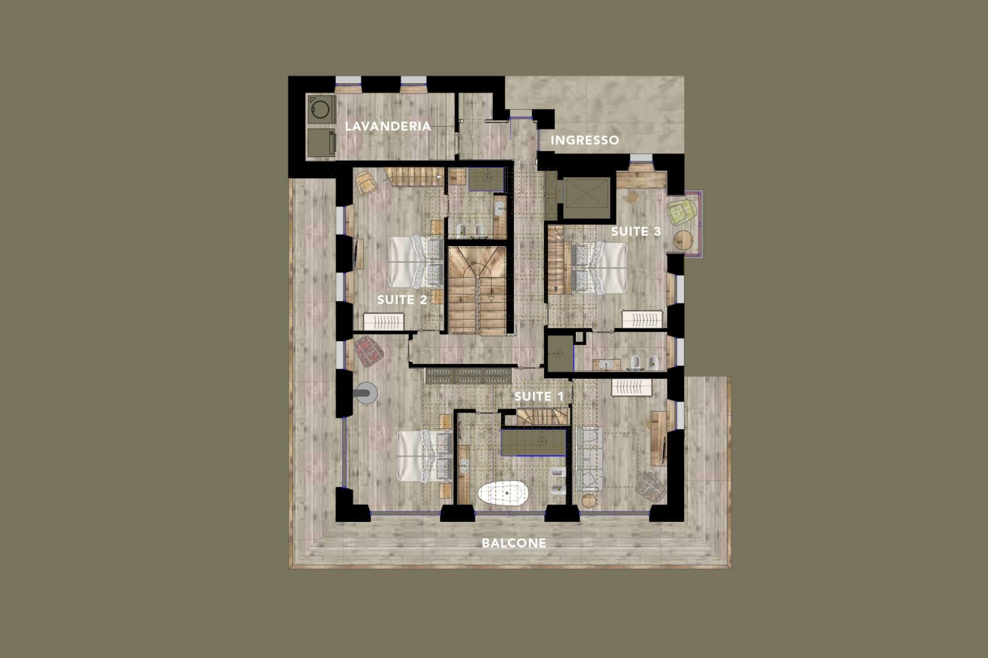Floor plan: three en-suite bedrooms, laundry room, and wrap-around balcony