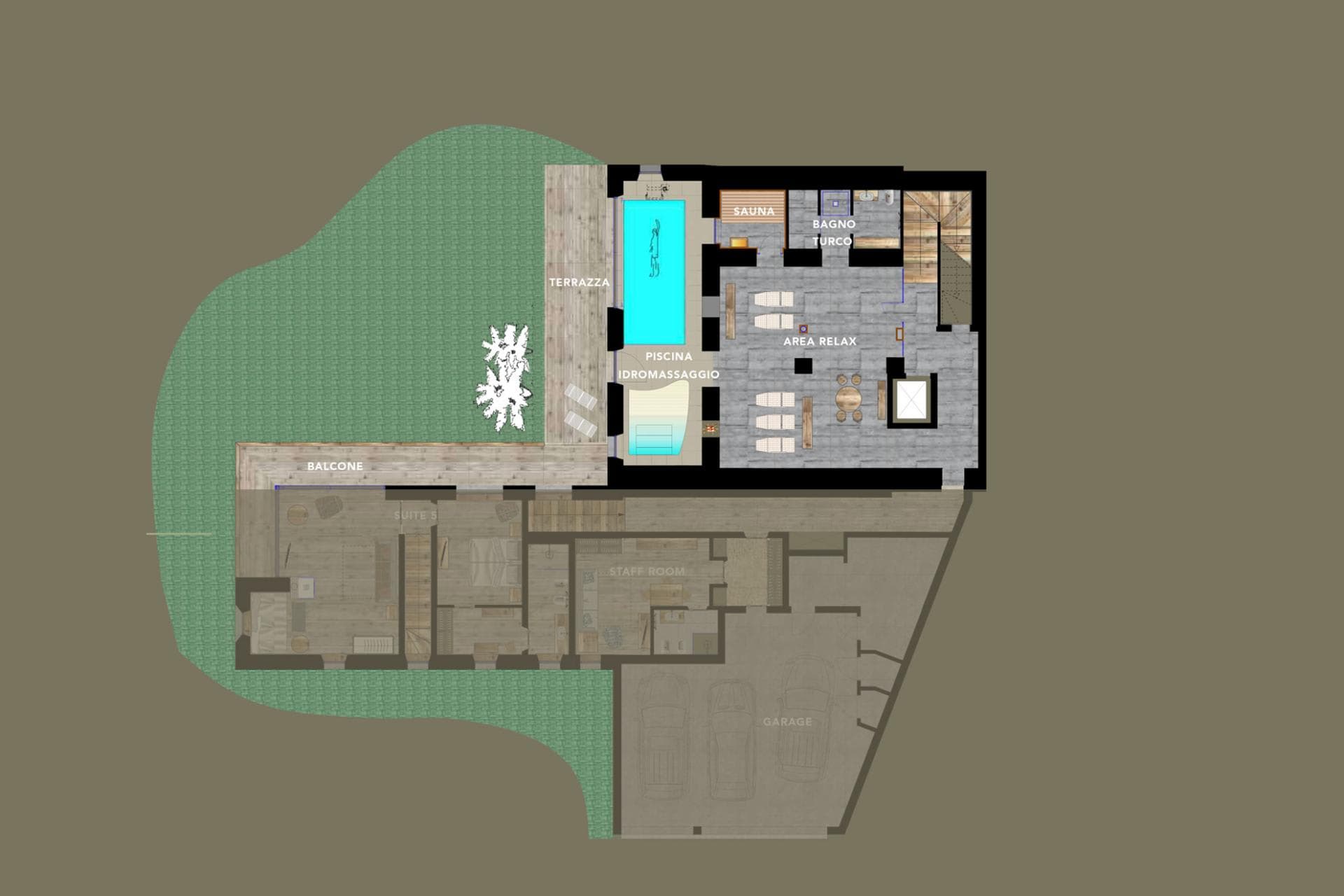 Lower level floor plan featuring indoor pool, sauna, and steam room