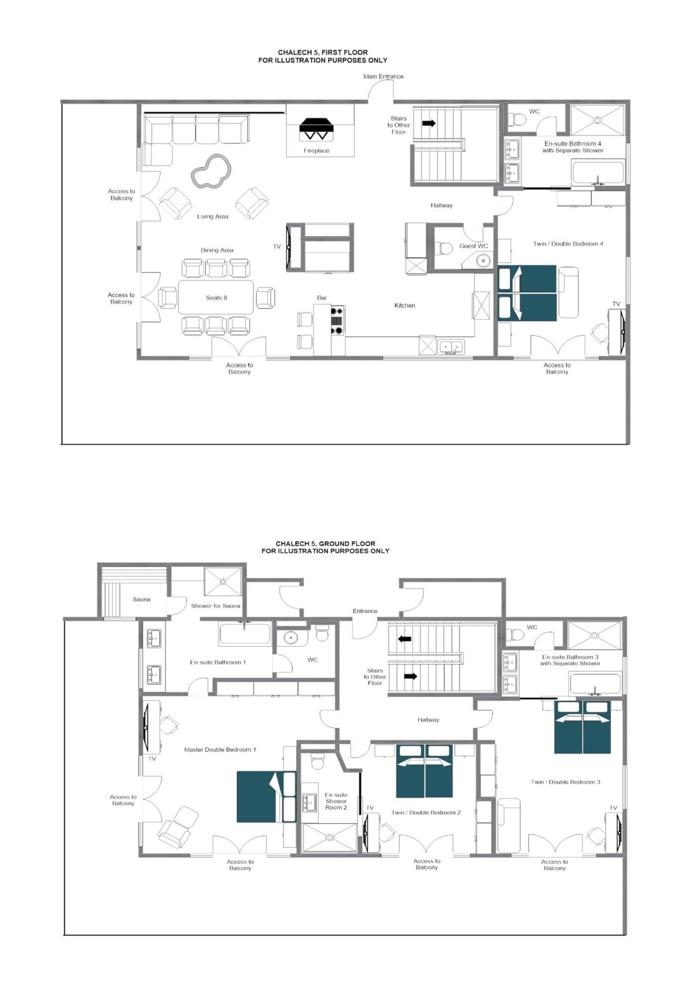 Floor plans for ground and first levels featuring four en-suite bedrooms and sauna