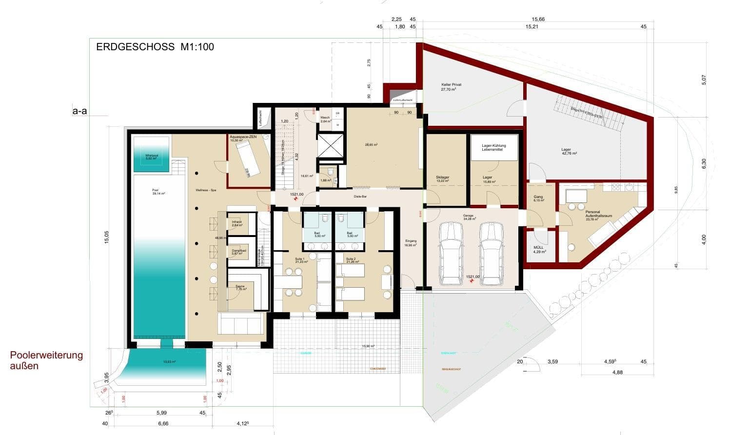 Ground floor plan: indoor pool, sauna, two bedroom suites, and double garage