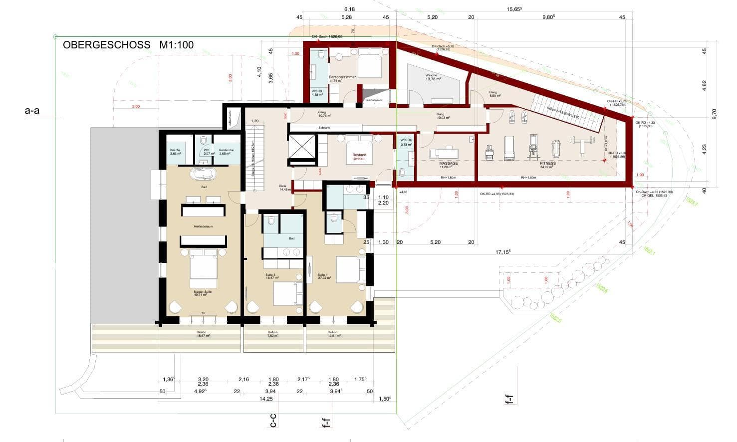 Upper floor plan: master suite, three guest bedrooms, fitness room, and massage area