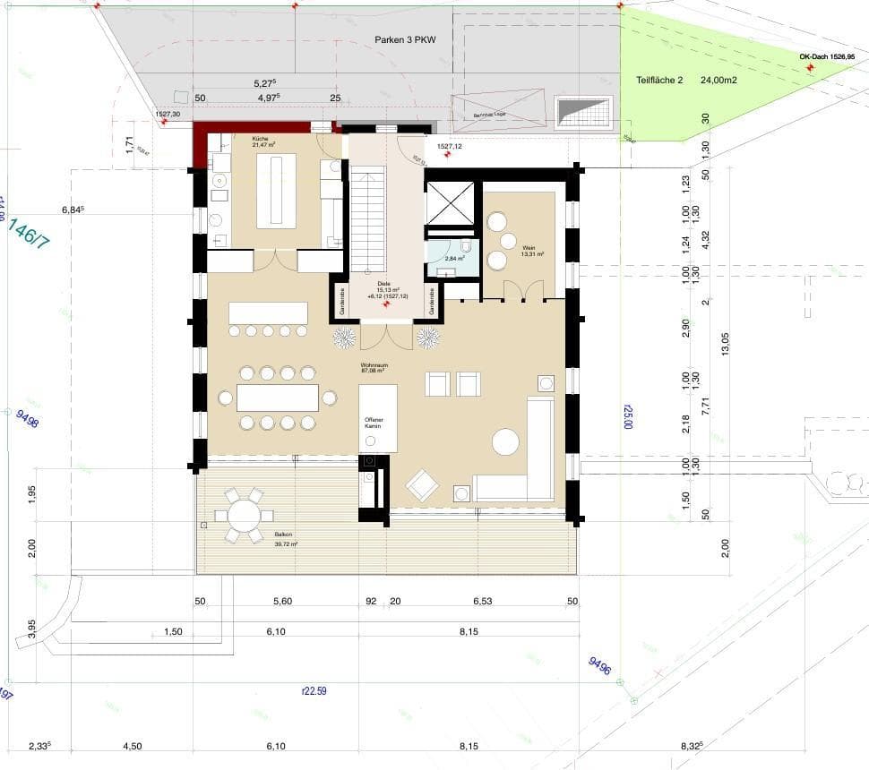 Ground floor layout: open-plan kitchen, living area, fireplace, and wrap-around terrace