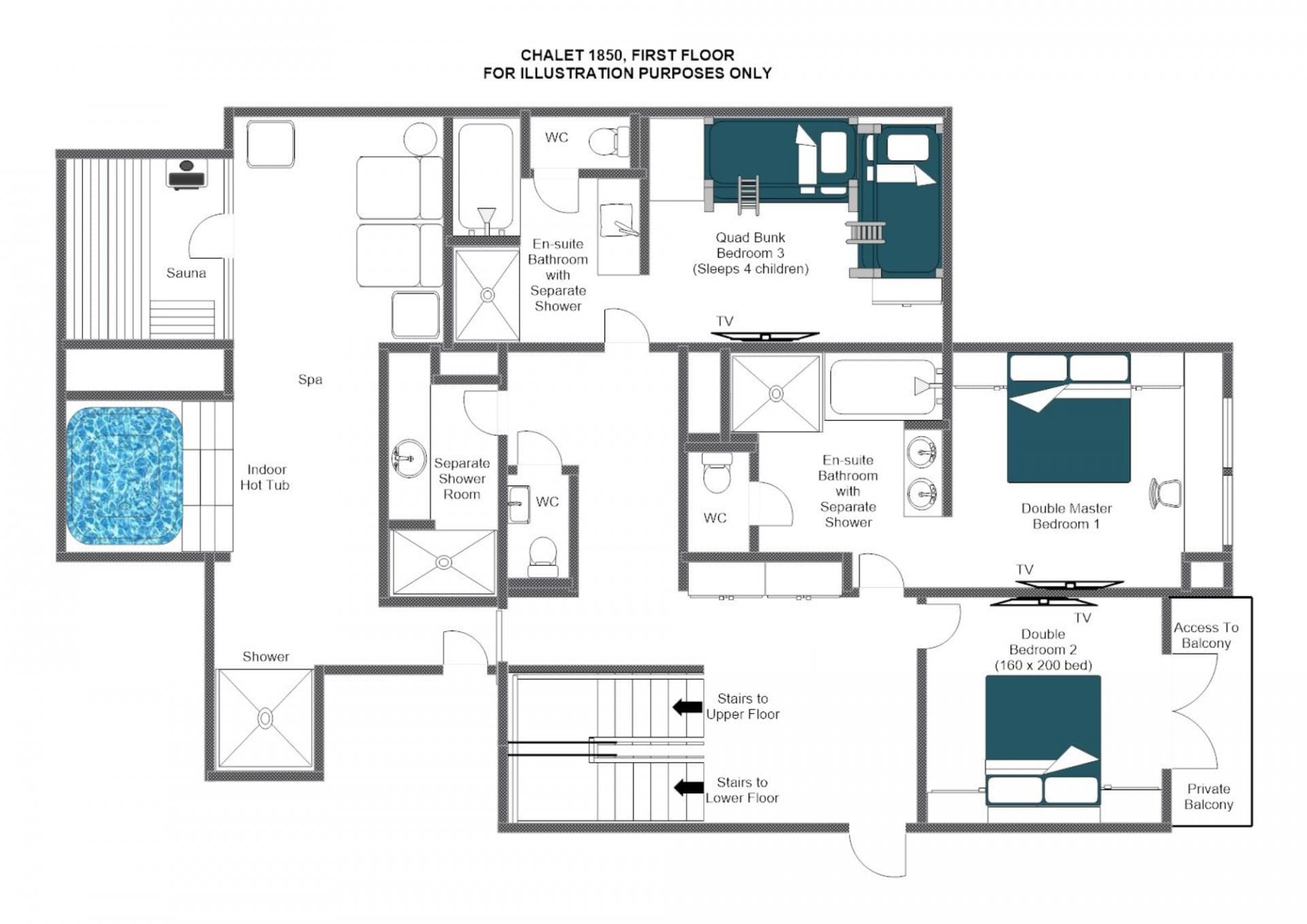 First floor floor plan featuring indoor spa, sauna, and three en-suite bedrooms