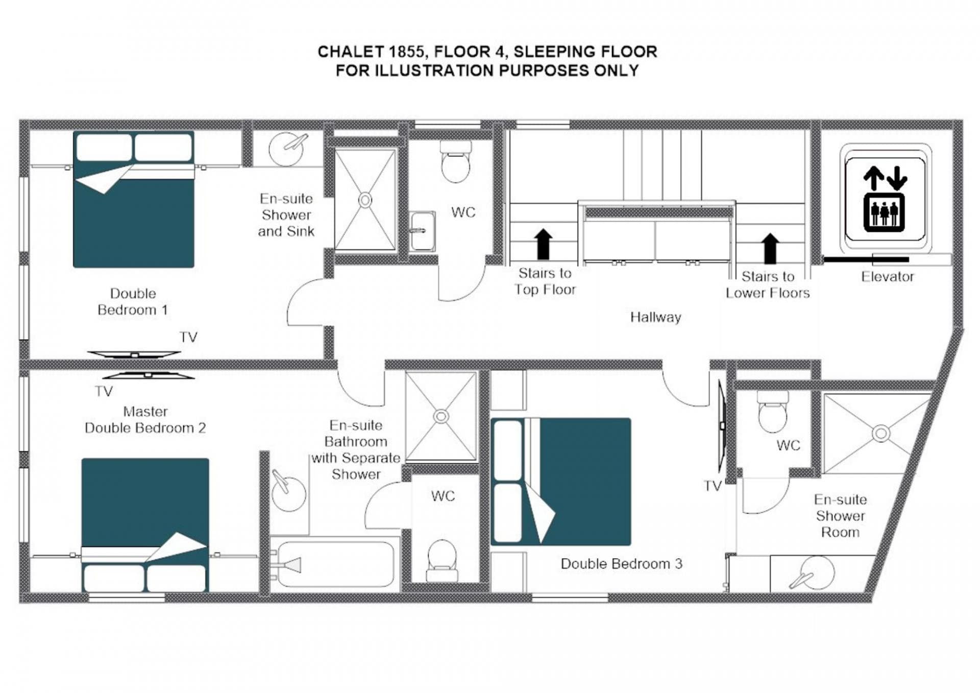 Floor 4 layout: three double bedrooms with en-suite bathrooms and elevator access