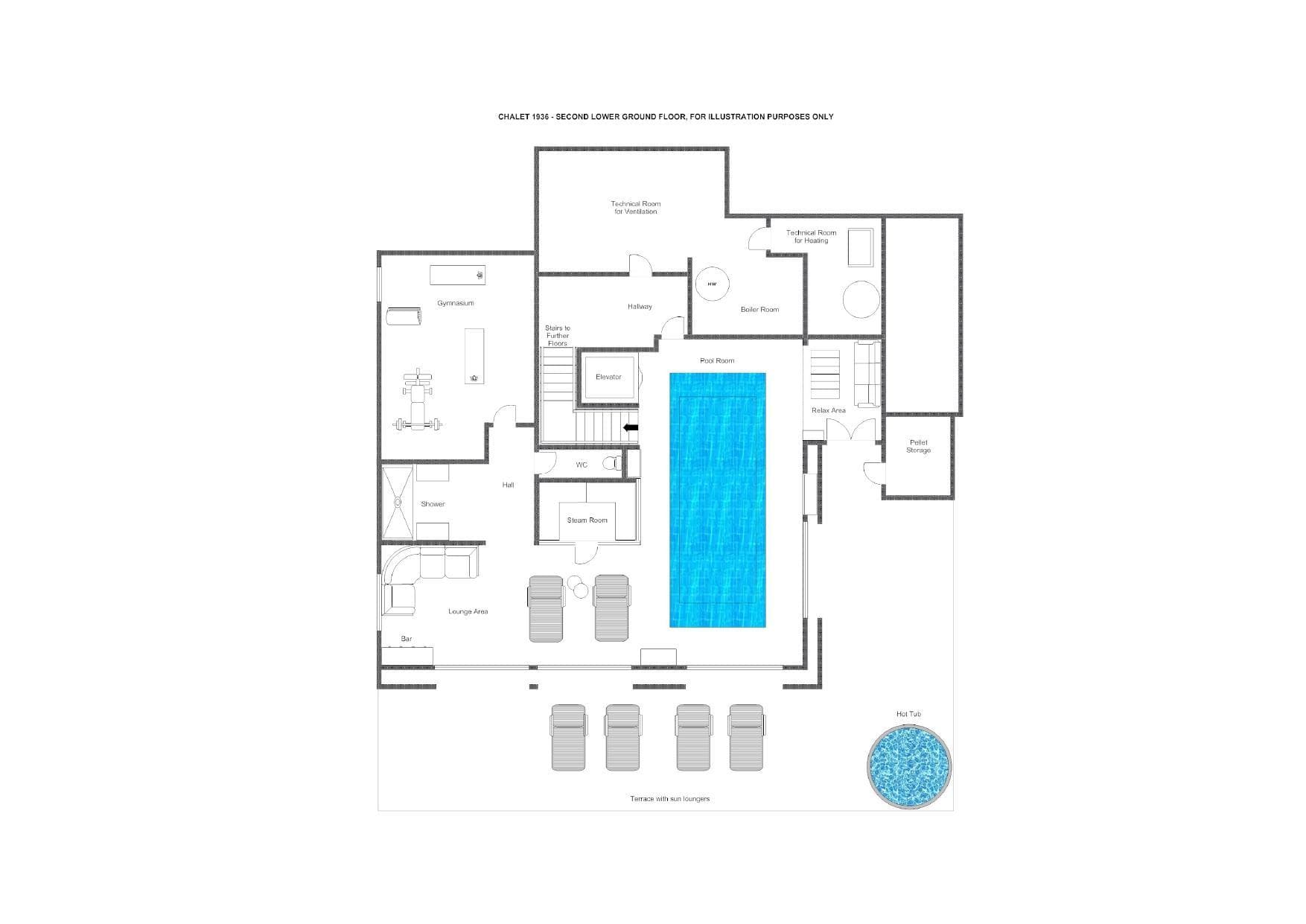 Lower level floor plan featuring indoor pool and outdoor hot tub