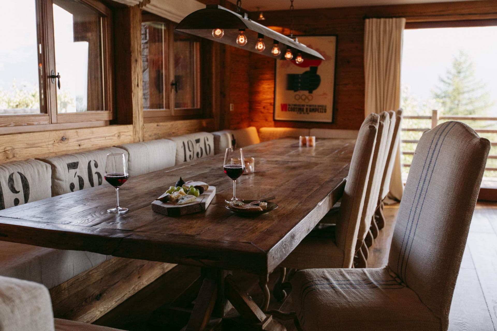 Dining table with upholstered bench; seating for 10