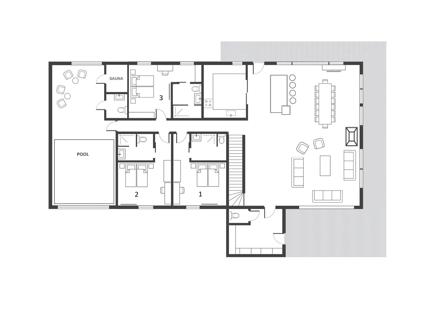 Floor plan: three bedrooms, open living area, indoor pool, and sauna
