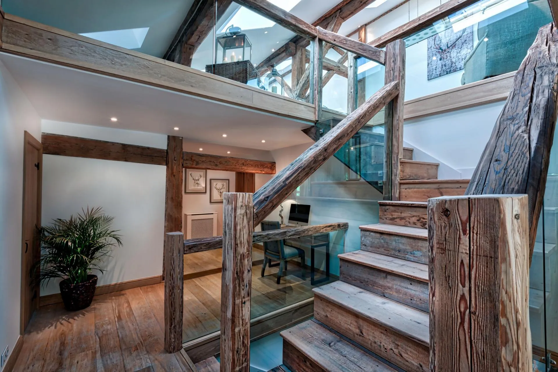 Timber staircase and landing with dedicated workspace under the loft