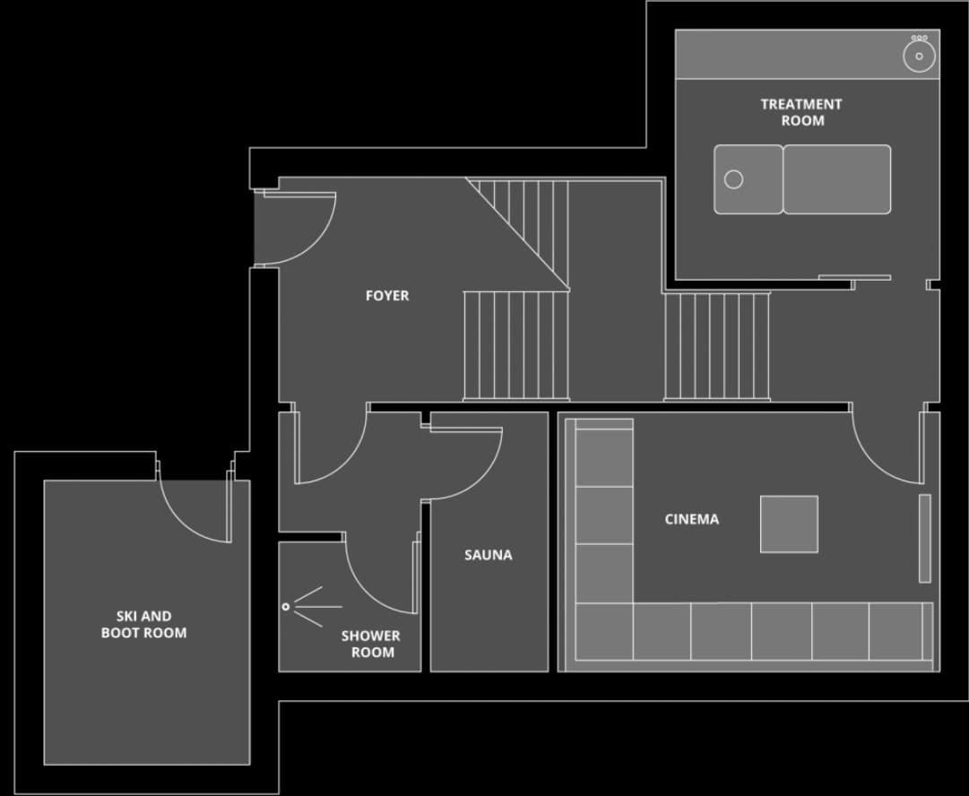 Lower level floor plan: cinema, sauna, treatment room, and ski storage