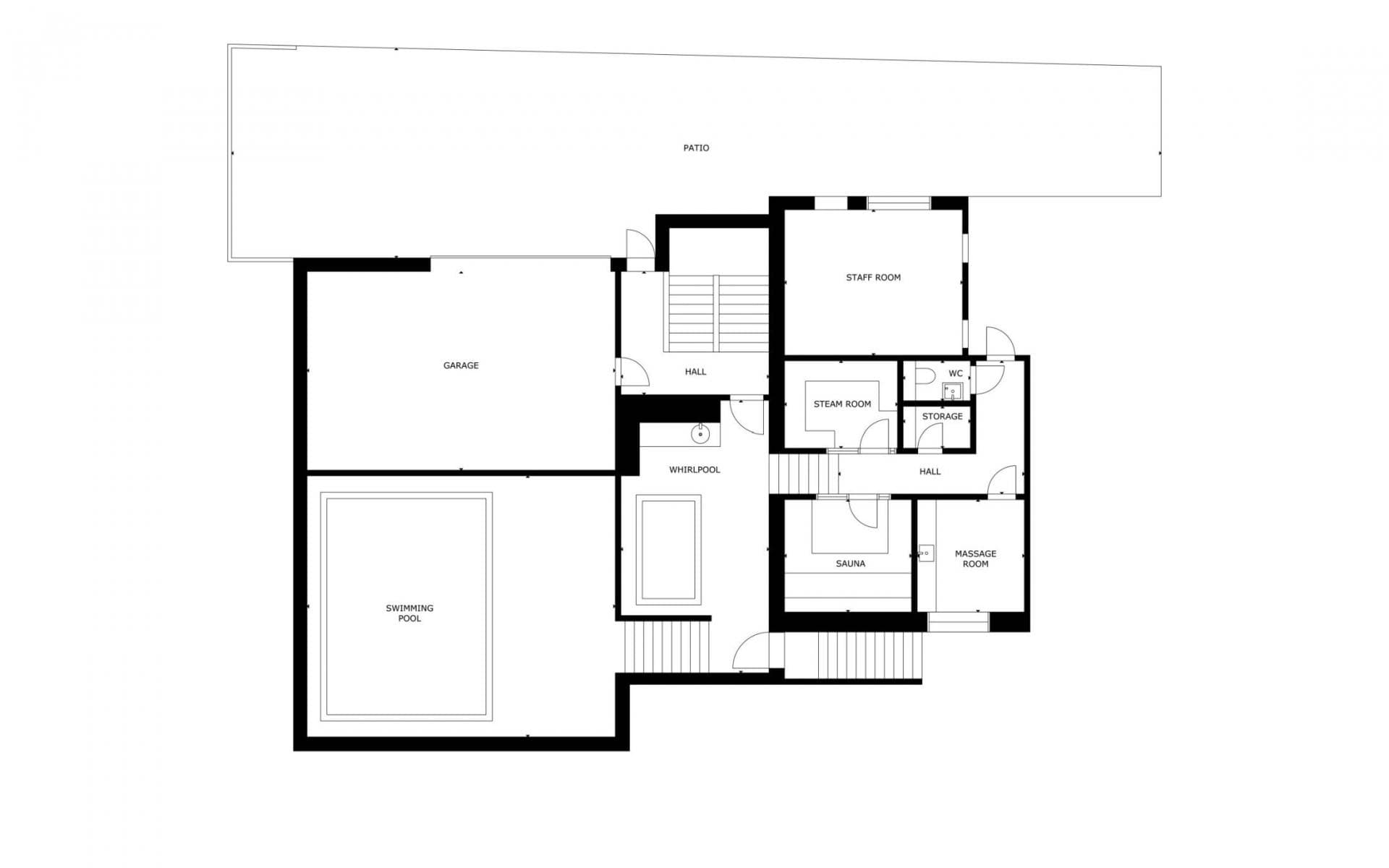 Spa level floor plan with sauna, steam room, massage room, and whirlpool