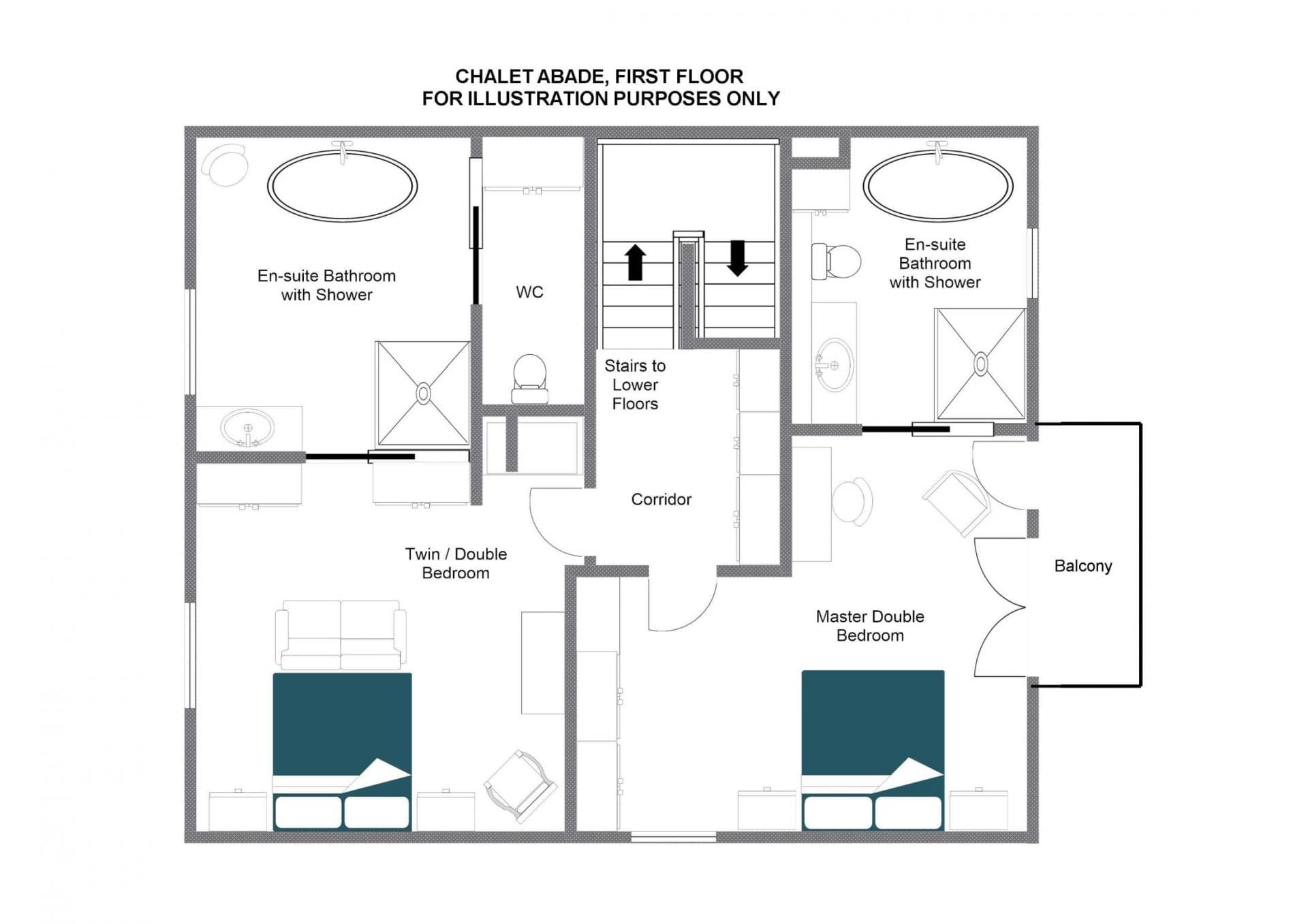 First floor layout with two en-suite bedrooms and private balcony access