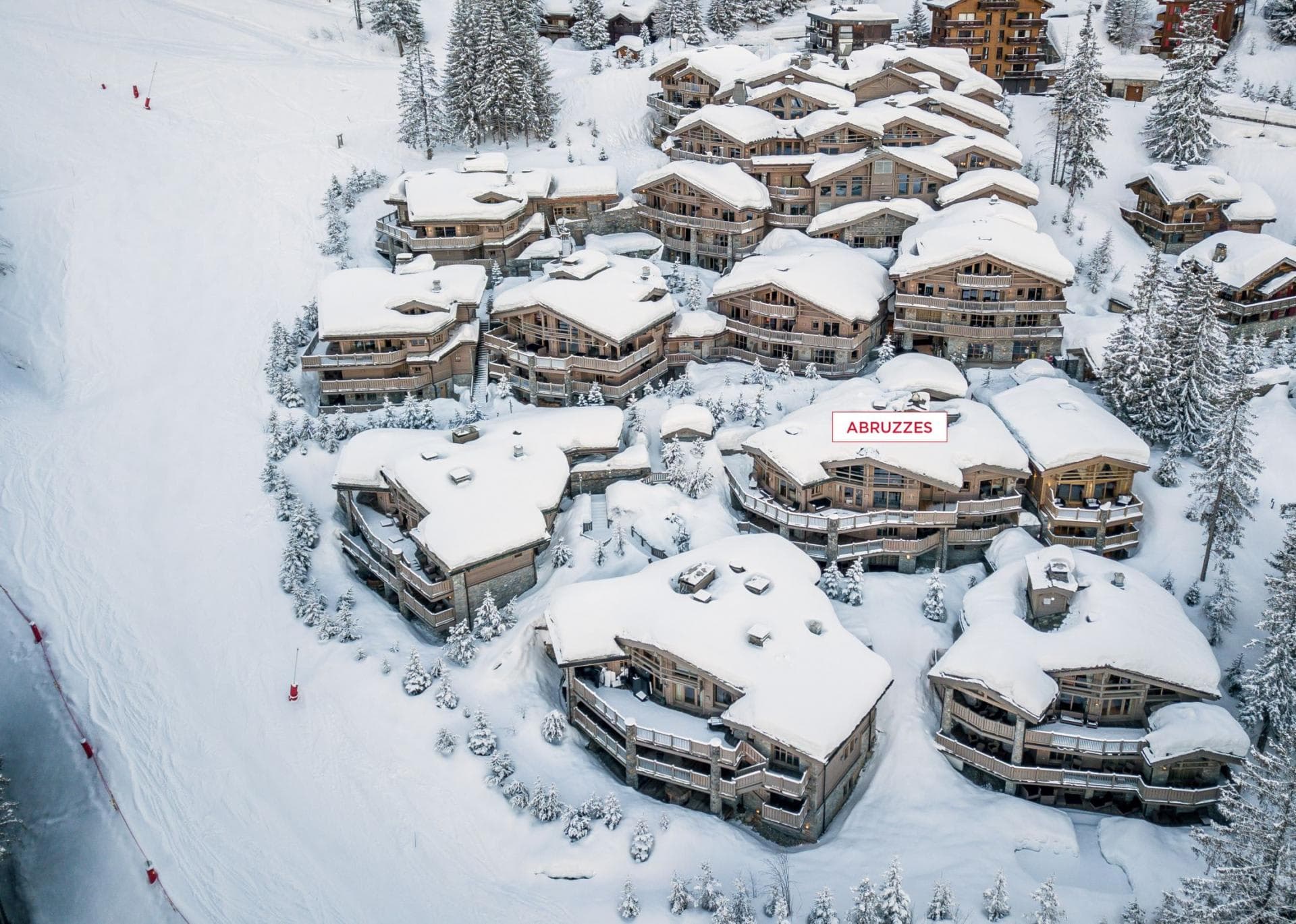 Aerial view showing Abruzzes chalet location with direct ski-in/ski-out access