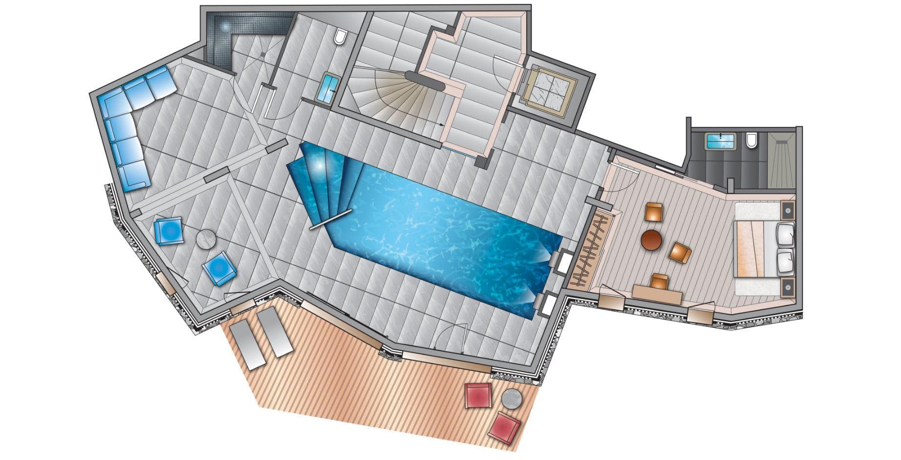 Lower level plan: indoor pool, lounge, ensuite bedroom, and outdoor terrace