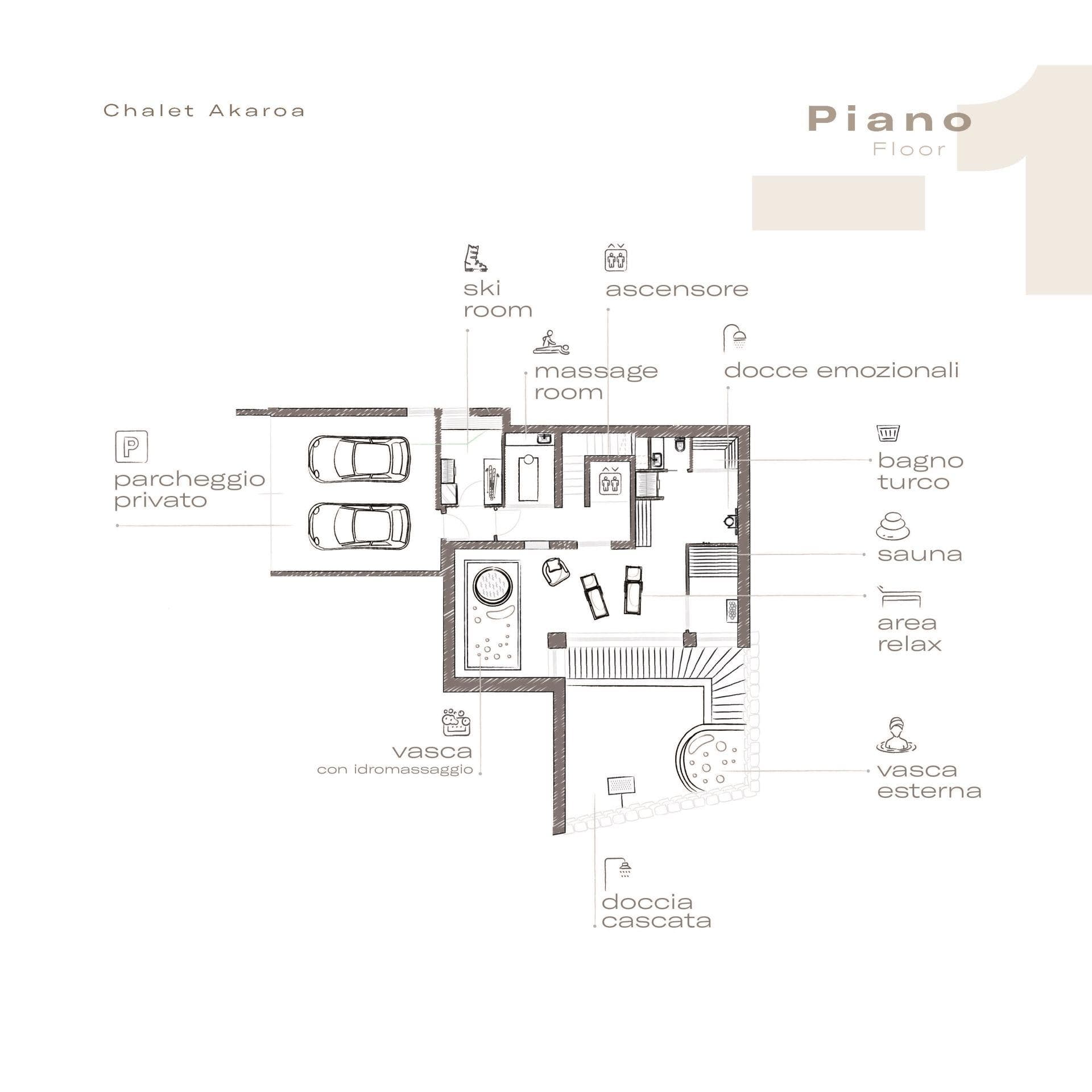 Floor 1 plan: garage, ski room, massage room, and spa area with sauna