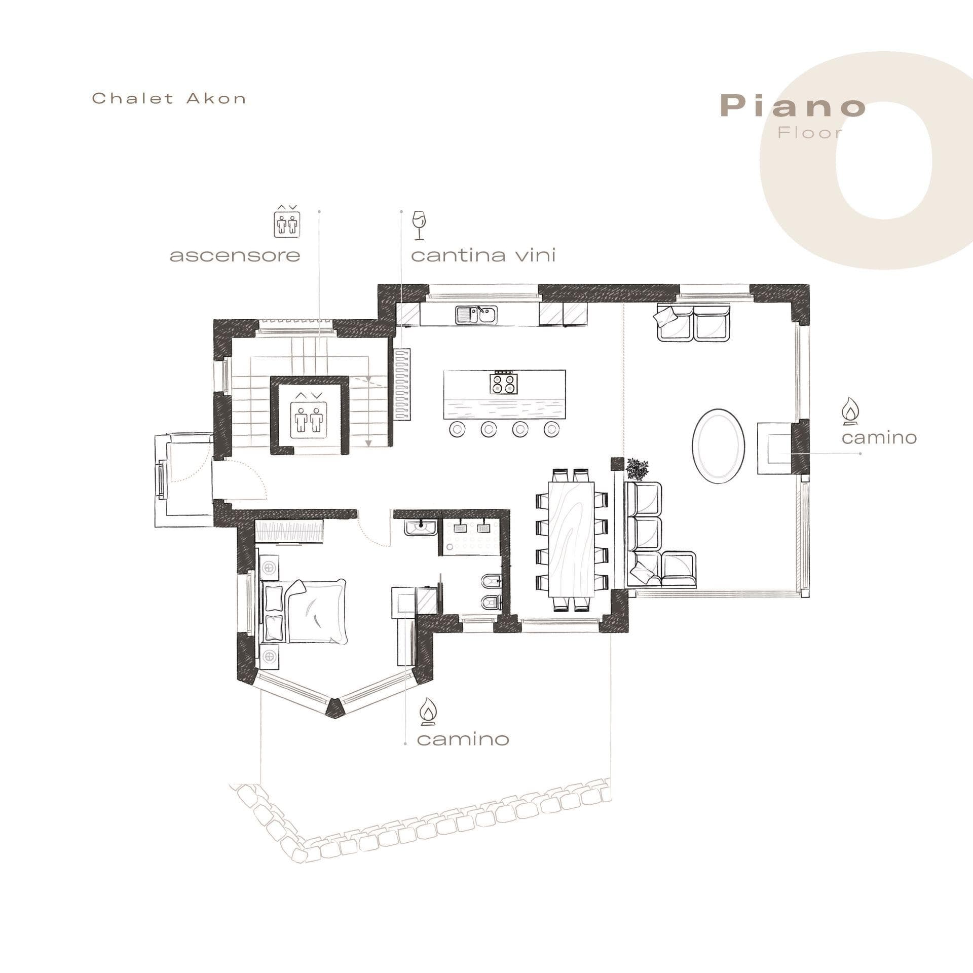 Ground floor plan: open kitchen, dining, living room with fireplace, and elevator access