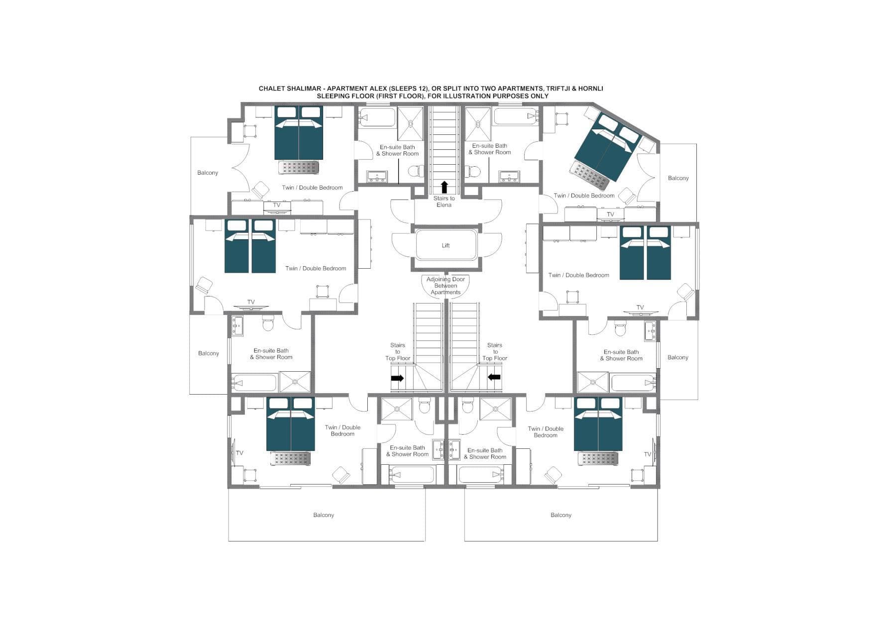 First floor sleeping layout: six en-suite twin/double bedrooms with private balconies