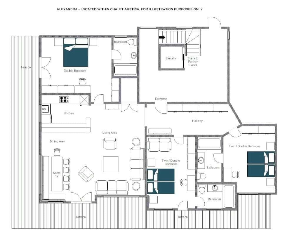 Floor plan: three bedrooms, three bathrooms, terrace, and elevator access