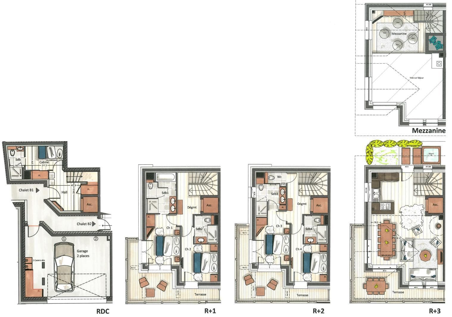 Multi-story floor plan with private elevator and 4 en-suite bedrooms