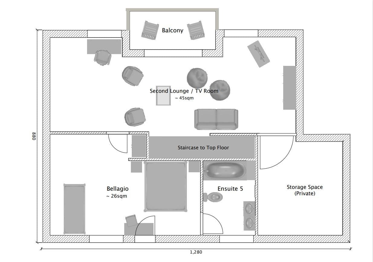 Floor plan: lounge with balcony, ensuite bedroom, and private storage area