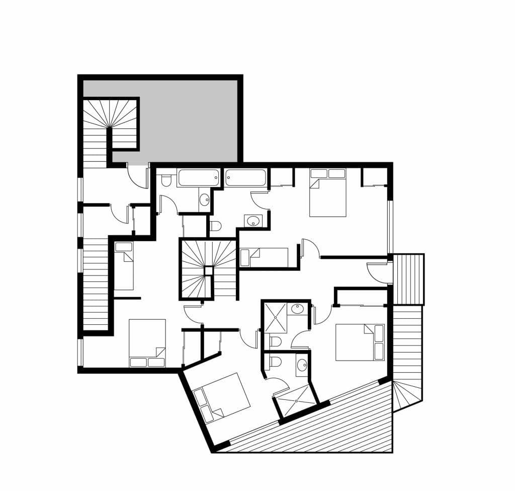 Floor plan with four bedrooms, four bathrooms, and private outdoor deck